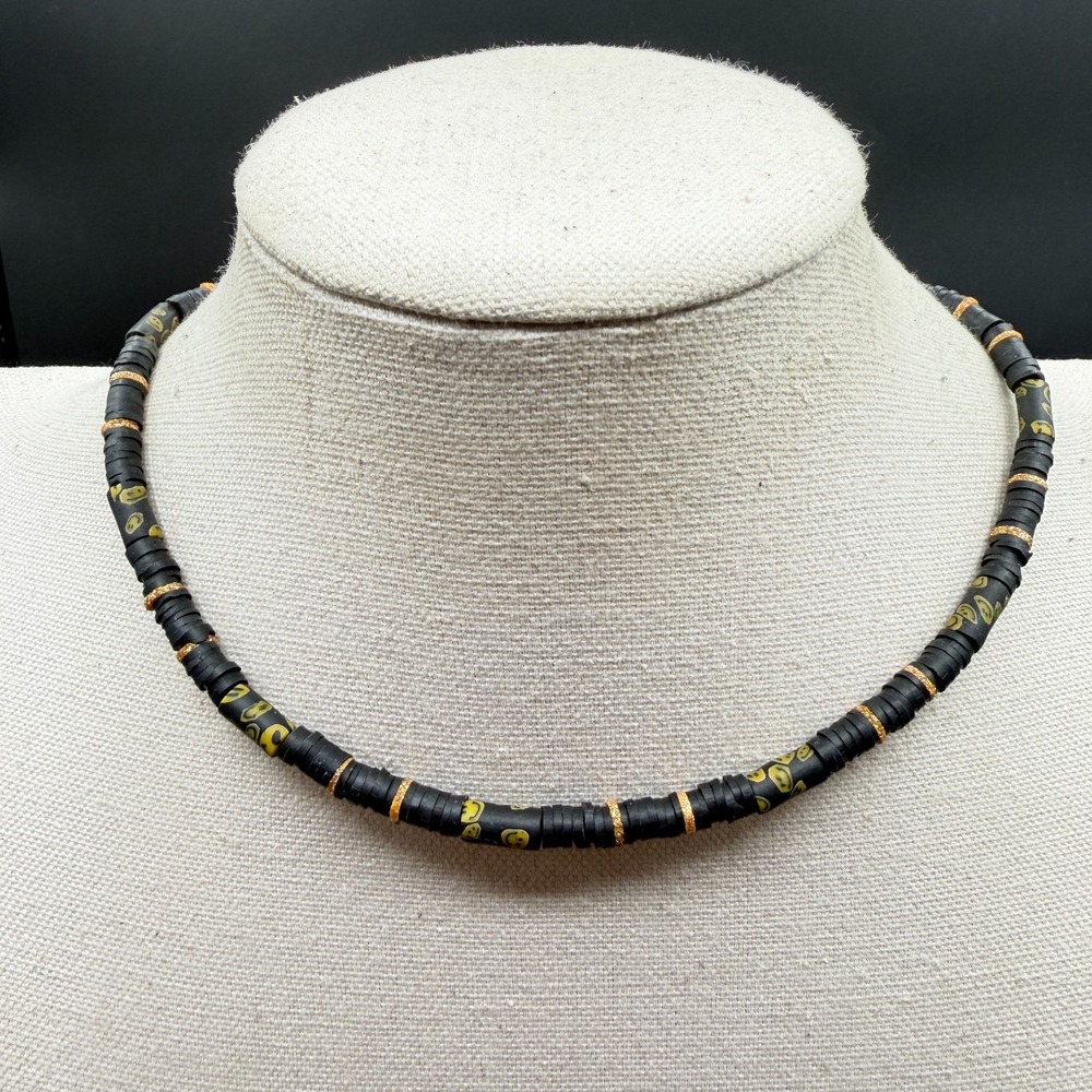 Black Smiley Face Beaded Necklace Gold Tone Spacer Y2K Emoji Choker Jewelry